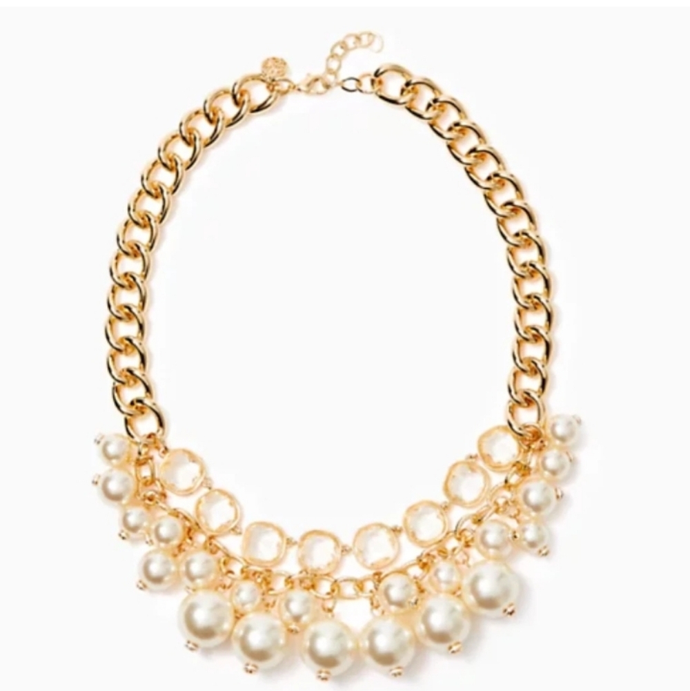 Lilly Pulitzer Pink Palms Gold Metallic Necklace with Pearls New